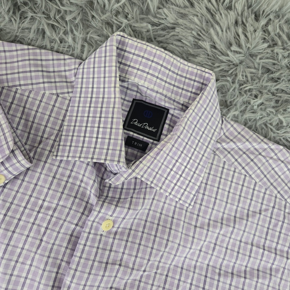 David Donahue Mens 16.5 34/35 Purple Check Trim Fit Cotton Dress‎ Shirt